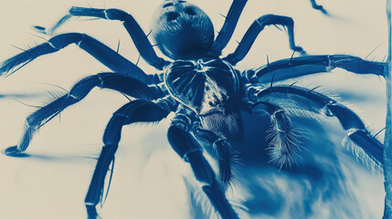  cyanotype of an extreme closeup shot of the tarantula spider, its legs hanging down, horror story spider mysterious atmosphere 