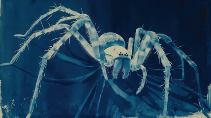 cyanotype of an oversized tarantula spider with white fangs and long legs dark blue background. horror atmosphere fantasy story 