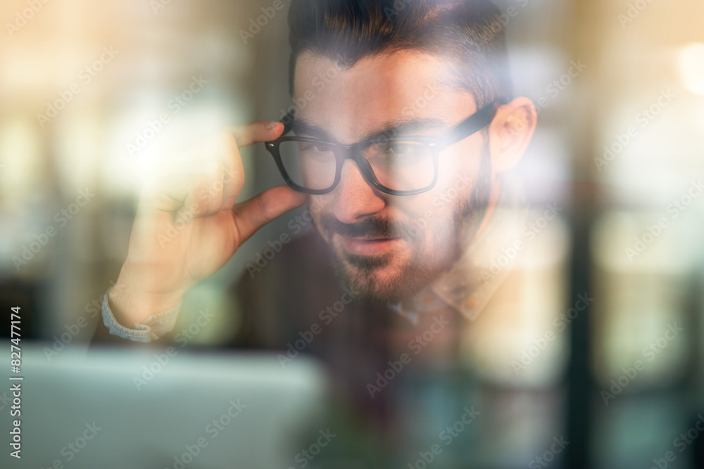 Poster man, office and reading with glasses on laptop with news, info and journalist with online article. r