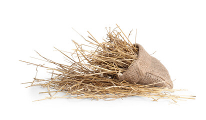 Dried straw in burlap sack isolated on white