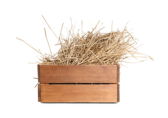 Dried straw in wooden crate isolated on white