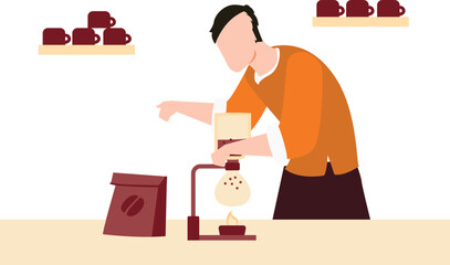 The boy is making coffee.