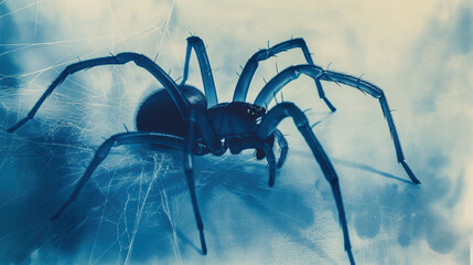 large black spider hanging on a web, cyanotype, on a blue background, with soft light, creating a halloween atmosphere fantasy horror