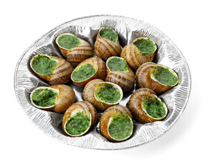 Many delicious cooked snails isolated on white
