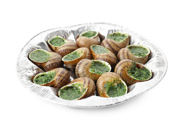 Many delicious cooked snails isolated on white