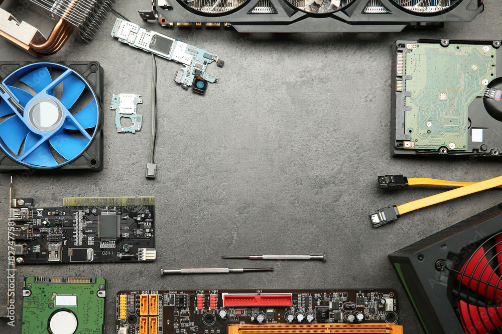 Fototapete frame of graphics card and other computer hardware on grey textured table, flat lay. space for text