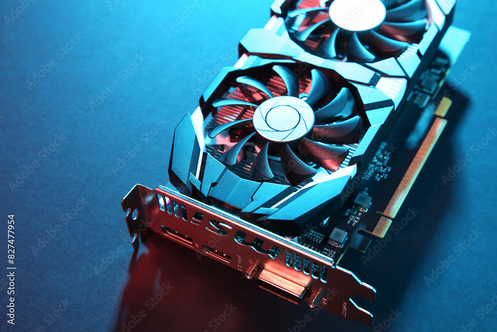 Fototapete computer graphics card on color background, closeup. space for text
