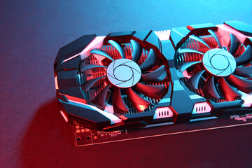 Computer graphics card on color background, closeup