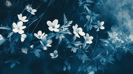 cyanotype of anemones in the dark, moody, vintage style dreamy and ethereal