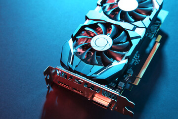 Computer graphics card on color background, closeup. Space for text