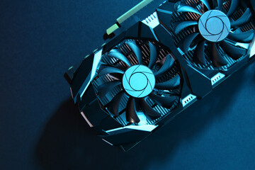 Computer graphics card on color background, top view