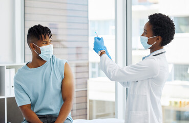 Doctor, patient and injection at hospital with safety gear for virus, medicine for wellness. Female nurse, man and healthcare in clinic with syringe for flu vaccine, test or check for air bubbles