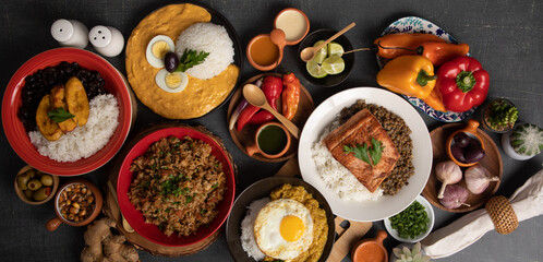 Buffet table full of lunch assorted dishes Peru Peruvian food