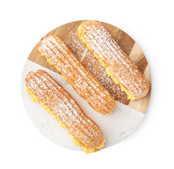 Delicious eclairs filled with cream isolated on white, top view