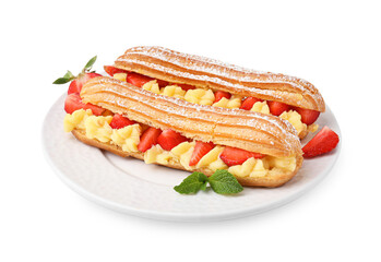 Delicious eclairs filled with cream, strawberries and mint isolated on white