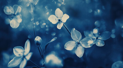  blue monochromatic photograph of small flowers, dreamy cyanotype