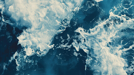 Top view of white sea waves splashing on dark blue water, abstract background  dark blue water, white foam.