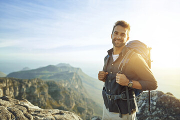 Portrait, mountains and hiking with man, holiday and journey with nature, vacation and getaway...