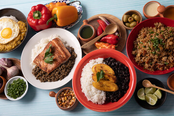 Buffet table full of lunch assorted dishes Peru Peruvian food