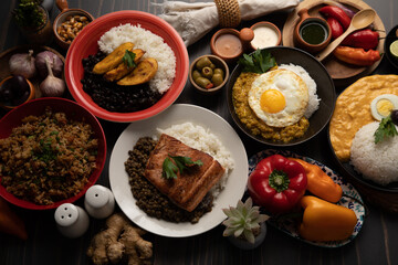 Buffet table full of lunch assorted dishes Peru Peruvian food
