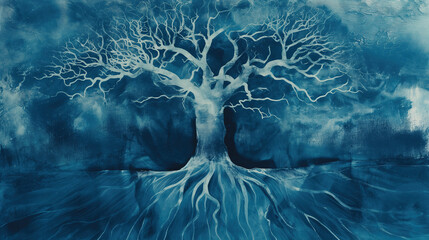 Yggdrasil tree of life vintage style cyanotype grunge texture blue color scheme, norse mythology Nordic rune fantasy 