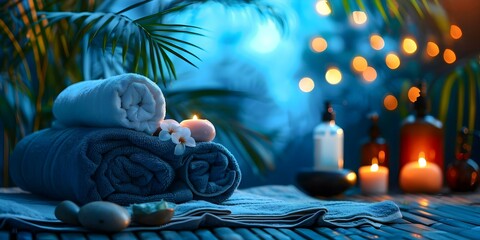 Luxurious Spa Scene: Massage Therapy with Wellness Products and Towels. Concept Spa Decor, Massage Therapy, Wellness Products, Relaxing Ambiance, Towels