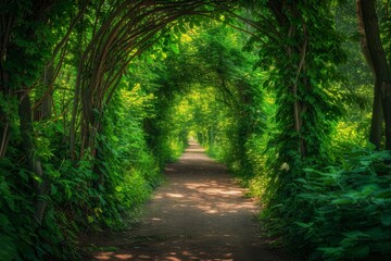 Fototapeta premium Green Foliage, Mysterious Summer Forest Tunnel, Sunny Path in Dense Vegetation, Copy Space