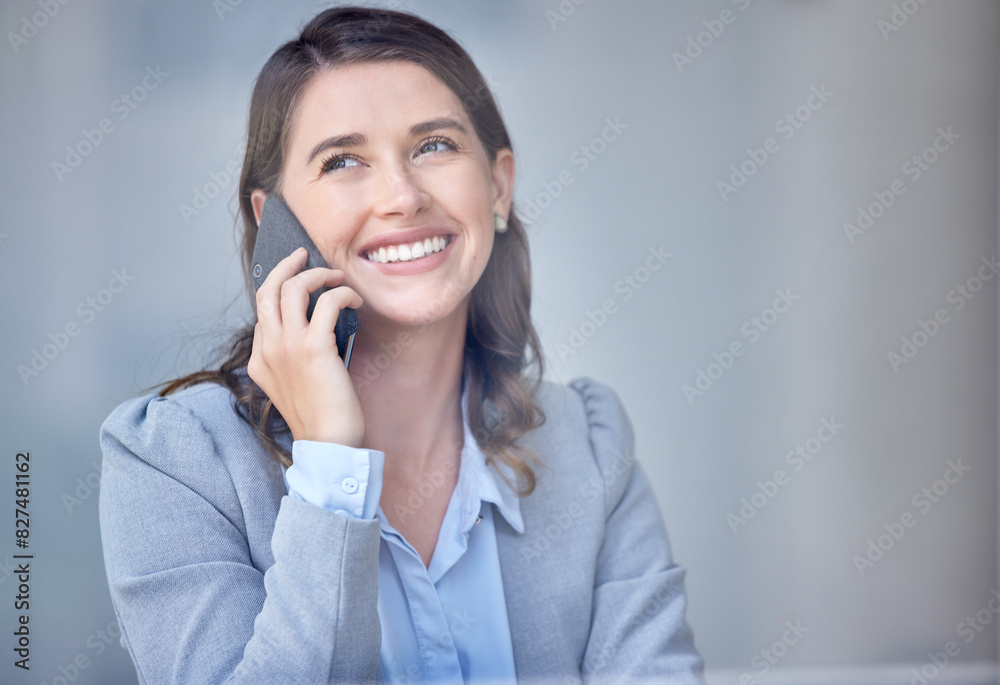 Canvas Prints Thinking, phone call and woman in office with networking for job opportunity, virtual meeting and future career goals. Thoughts, corporate girl and mobile hello with feedback discussion for business