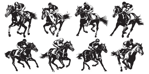 group of horses silhouettes isolated on white, horse rider, horse racing, jokey