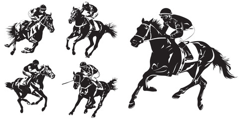 horse and rider silhouettes Horse Racing, vector illustration silhouette laser cutting black and white shape