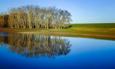 Scenic view, Reflection of trees in the calm water of a small lake