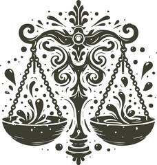 Antique scales with splashes in bowls vector stencil art