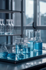 A table with many blue bottles and beakers