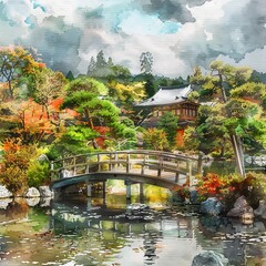 Obraz premium Japanese Spring Garden Landscape Painting, Japan Garden Watercolor Tradition Draw, Copy Space