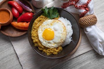 Quinua quinoa stew with cheese and fried egg peru peruvian andean food