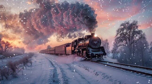 Vintage locomotive chugging with smoke in a serene winter evening landscape.
 Seamless looping 4k time-lapse virtual video animation background. Generated AI