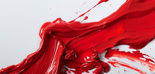 Vivid red paint captured mid-fall, forming intriguing shapes and textures as it descends. 