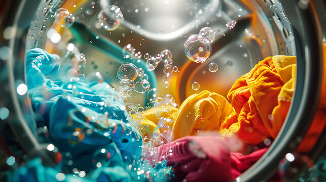 A washing machine drum with laundry of bright different colors in bubbles of washing powder or gel. Laundry