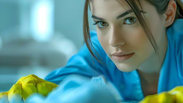 Attentive Cleaner Ensures Every Corner is Spotless and Home is Refreshed. Concept Home Cleaning, Attention to Detail, Spotless Results, Refreshed Spaces, Professional Service