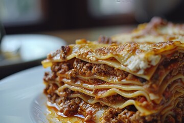 Delicious lasagna with meat sauce and cheese on dark background, hd photography of food, delicious bolognese pasta in the style of seihebricommerce stock photo contest winner. High quality photo