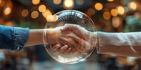 Two hands shake inside protective light bubble symbolizing trust and transparency. Concept Trust, Transparency, Handshake, Symbolism, Protection