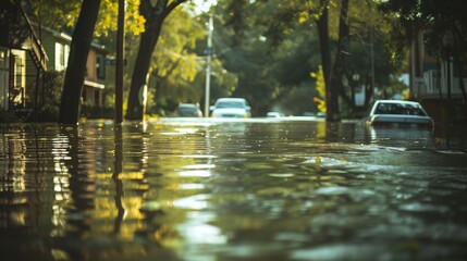 Fototapeta premium Flood in a small town. Water covered the city streets. In the background are flooded cars and houses. Natural disaster