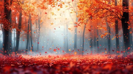 Autumnal forest background with vibrant fall colors and scattered leaves, ideal for seasonal themes
