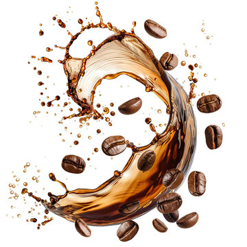 Roasted coffee beans splashing in delicious coffee, cut out