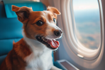 A cute happy dog in an airplane cabin