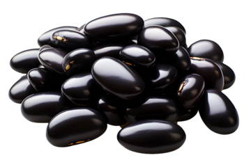 Black beans (Urad dal, black gram, vigna mungo) Isolated on cut out PNG or transparent background. Realistic food clipart template pattern. Top view. Flat lay macro lens. Makro