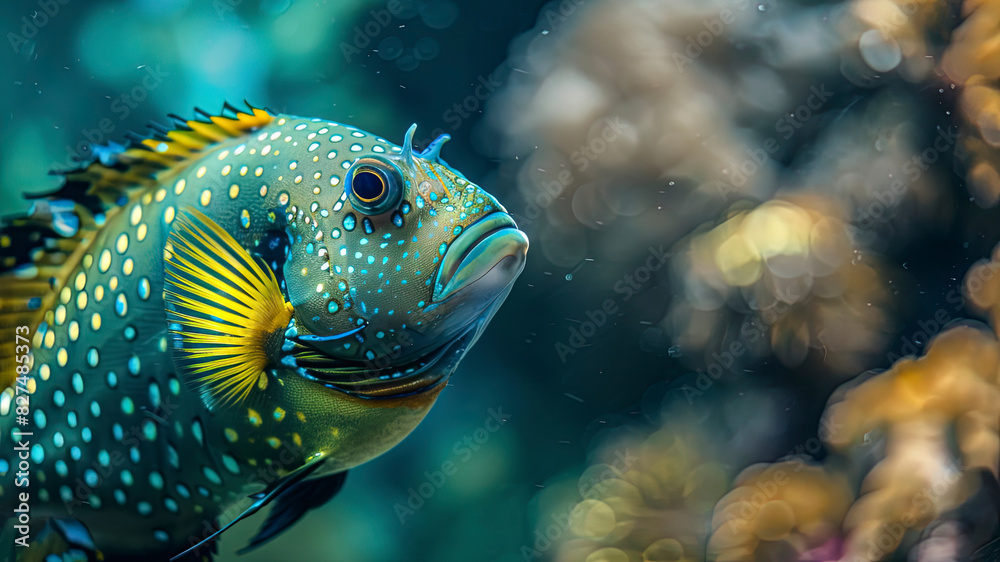 Poster close up of a colorful tropical fish in the ocean, oceanic life scene, fish in underwater, underwater life