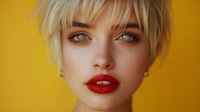 A woman with blonde hair and red lips.