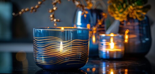 Blue candle adorned with golden lines, adding elegance and sophistication to its decorative allure. 