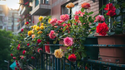 Fototapeta na wymiar Colorful blooming roses at a little balcon. Generative AI